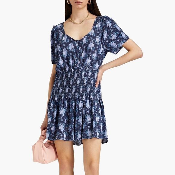 LoveShackFancy Dresses & Skirts - LoveShackFancy Brickell Blue Gathered Floral Print Crepe Mini Dress Size Large